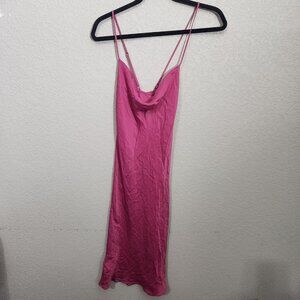 Promod Pink Fuchsia Satin Cowl Neck Midi Slip Dress Adjustable Straps Size 6